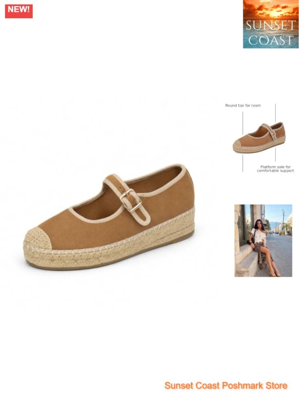 Mary Jane Espadrilles Platform Flats Woven Outsole Round Toe Buckle